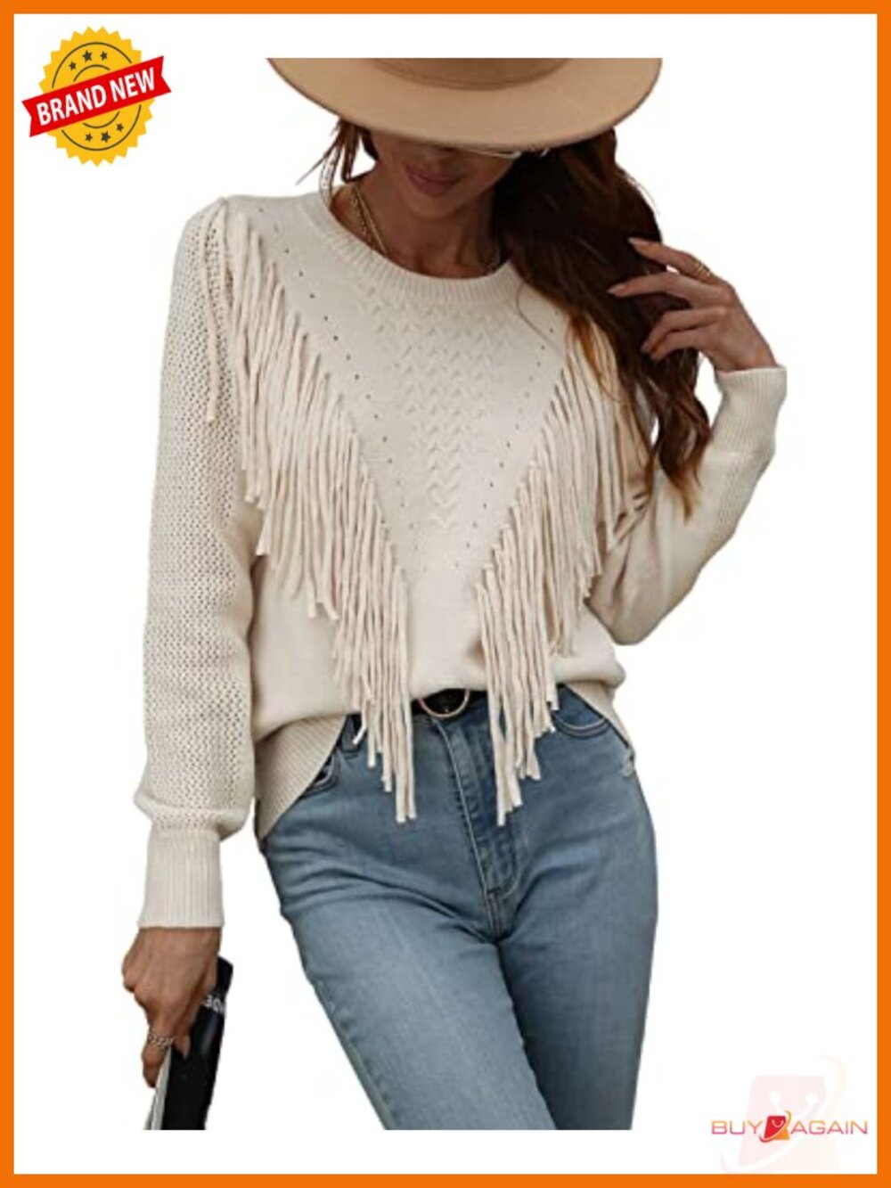 Fringe Tassel Cable Knit Crewneck Pullover Sweater Jumper